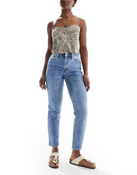 ONLY Emily high waisted straight leg jeans in mid blue 