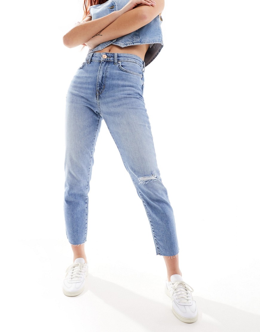 Only Emily Ripped Knee Raw Hem Straight Leg Jeans In Light Blue Wash