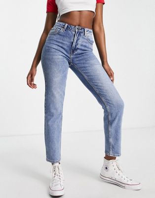 ONLY Emily high waisted straight leg jeans in mid blue