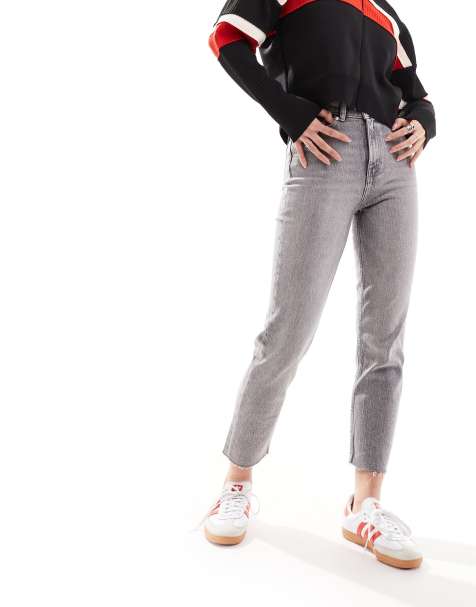 ONLY Emily high waisted straight leg jeans with raw hem in grey 