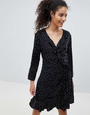 black and white spotted wrap dress