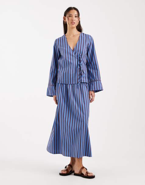 ONLY - Ensemble chemise nouée devant et jupe longueur mollet à rayures - Bleu et chocolat - view 1