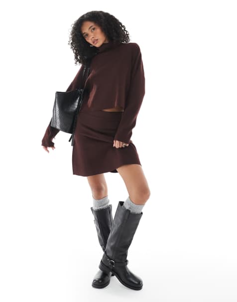 ONLY - Ensemble mini-jupe et pull en maille - Bordeaux - view 1