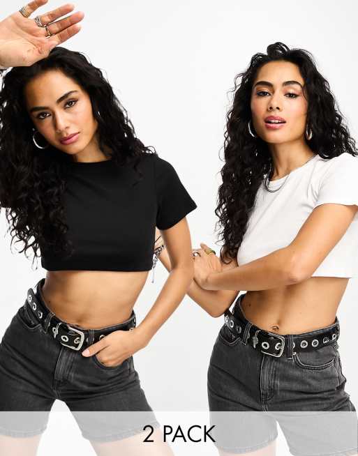 Only exclusive 2 pack cropped fitted T-shirts in black and white