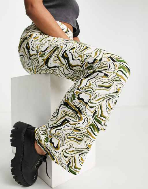 Only exclusive 70s flared trouser in green marble print , 3 of 3