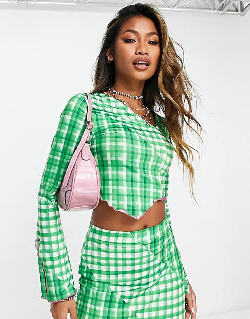 Only exclusive asymmetric cropped top with flared sleeves in green gingham (part of a set)