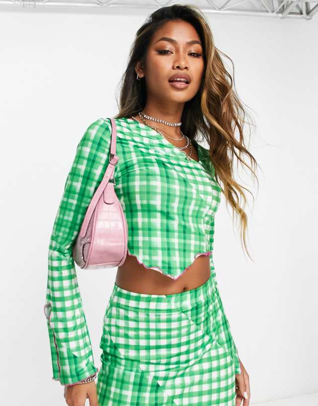 Only exclusive asymmetric cropped top with flared sleeves in green gingham - part of a set