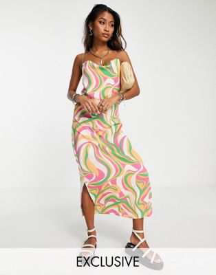 Only exclusive cowl neck low back satin midi dress in swirl print-Multi