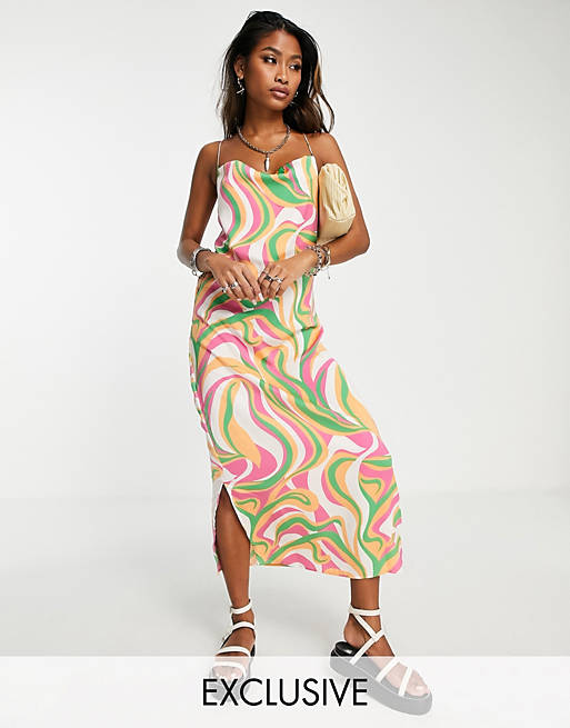 Only exclusive cowl neck low back satin midi dress in swirl print