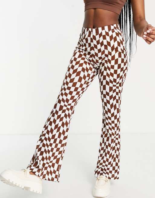 Buy Women Brown & Off-White Checkered Crop Top & Flared Pants Co