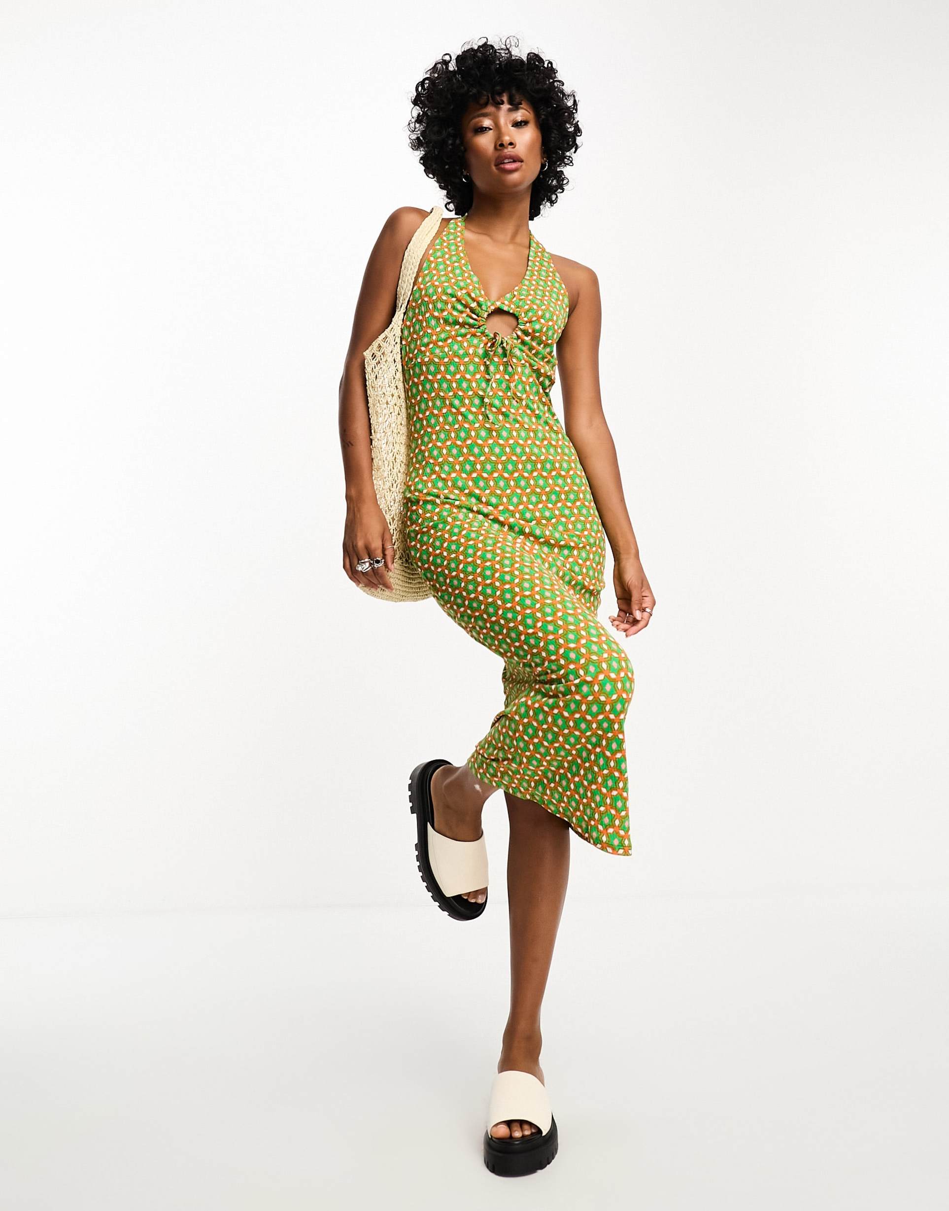 only exclusive halterneck keyhole detail midi dress in geometric print