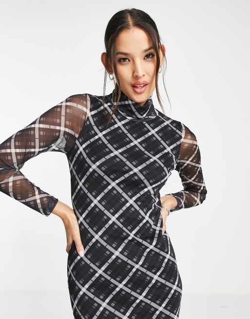 Only exclusive high neck jersey midi dress in gray check, 2 of 4