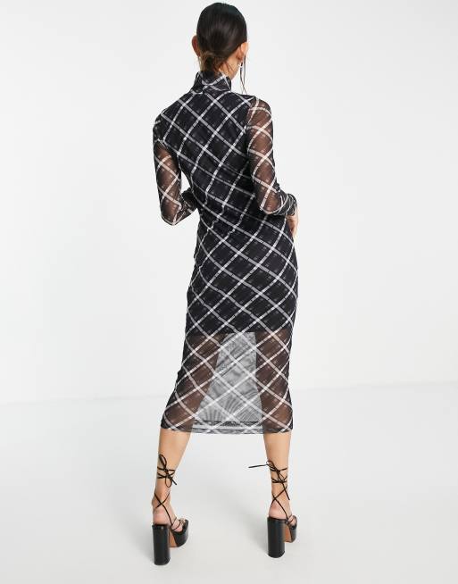 Only exclusive high neck jersey midi dress in grey check, 4 of 4