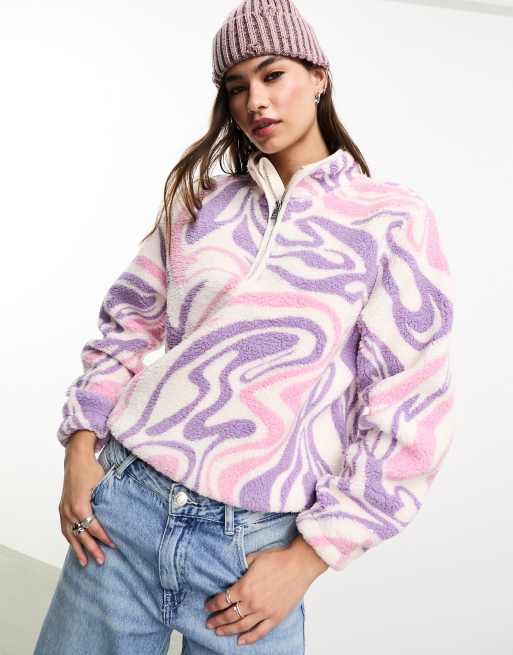 Only Exclusive – Liliowo-różowa bluza polarowa ze sztucznego kożuszka w esy floresy z suwakiem pod szyją 