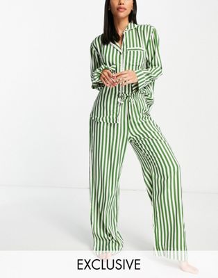 Only Exclusive long sleeve pyjama set with hair scrunchie in green stripe