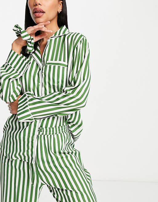 Women Only Exclusive long sleeve pyjama set with hair scrunchie in green stripe 