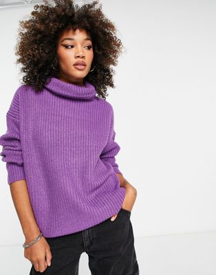 Only exclusive longline roll neck jumper in bright purple