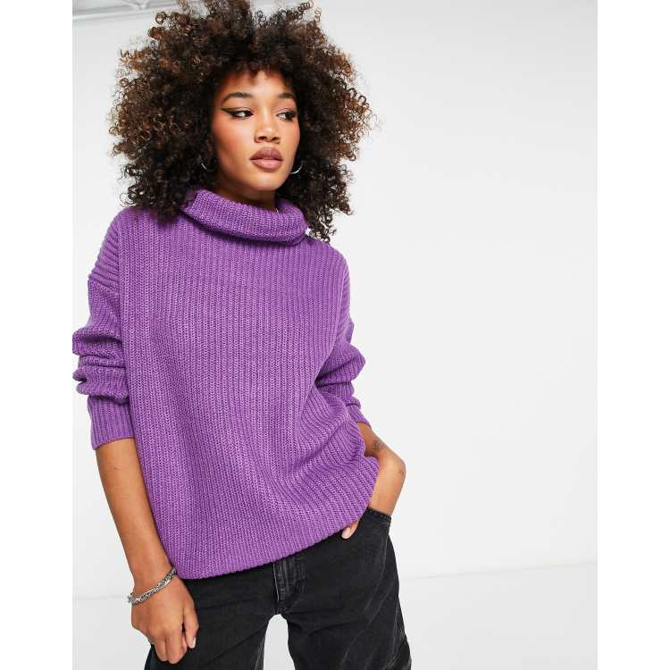 Only exclusive longline roll neck sweater in bright purple