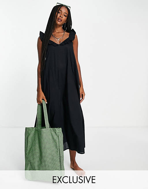 Only Exclusive midi beach dress with frill detail in black