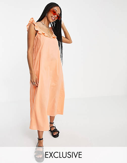 Only Exclusive midi beach dress with frill detail in orange