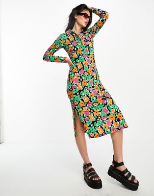 Only Exclusive Midi Shirt Dress In Multi Floral