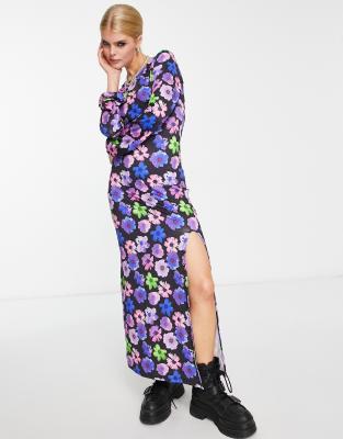 Only Exclusive Open Back Side Slit Maxi Dress In Purple Floral