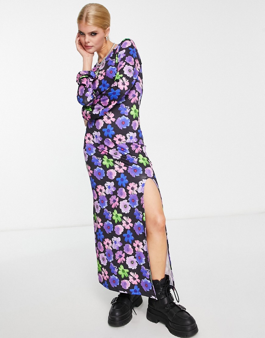 Only exclusive open back side split maxi dress in purple floral