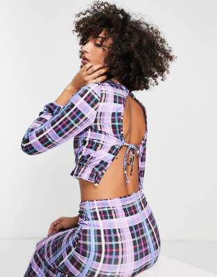 Only exclusive open tie back top co-ord in purple check