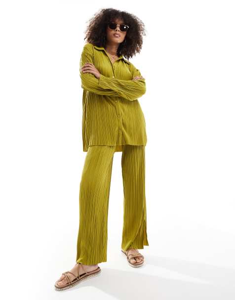 ONLY exclusive plisse trouser co-ord in green - view 1
