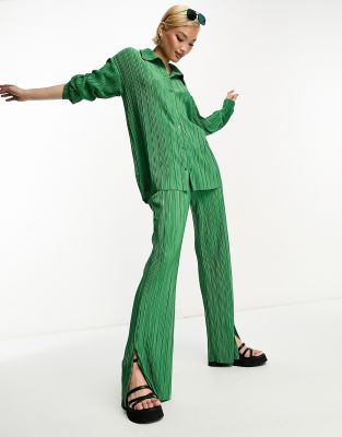 Only Exclusive Plisse Wide Leg Pants In Green - Part Of A Set