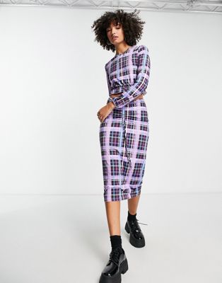 Only exclusive ruched detail midi skirt co-ord in purple check - ASOS Price Checker