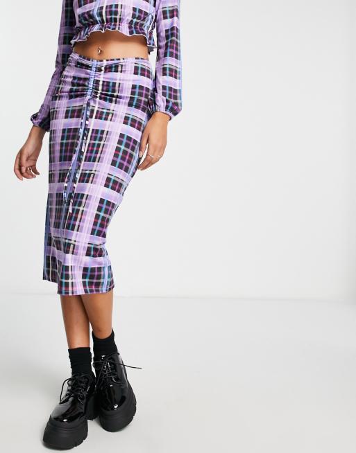 Only Exclusive ruched detail midi skirt in purple check