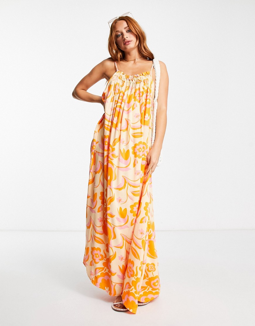 Only Exclusive ruched neckline maxi cami dress in orange 70s floral