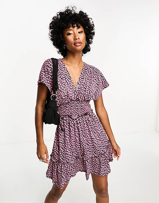 ONLY - exclusive shirred plunge neck mini dress in black and pink floral