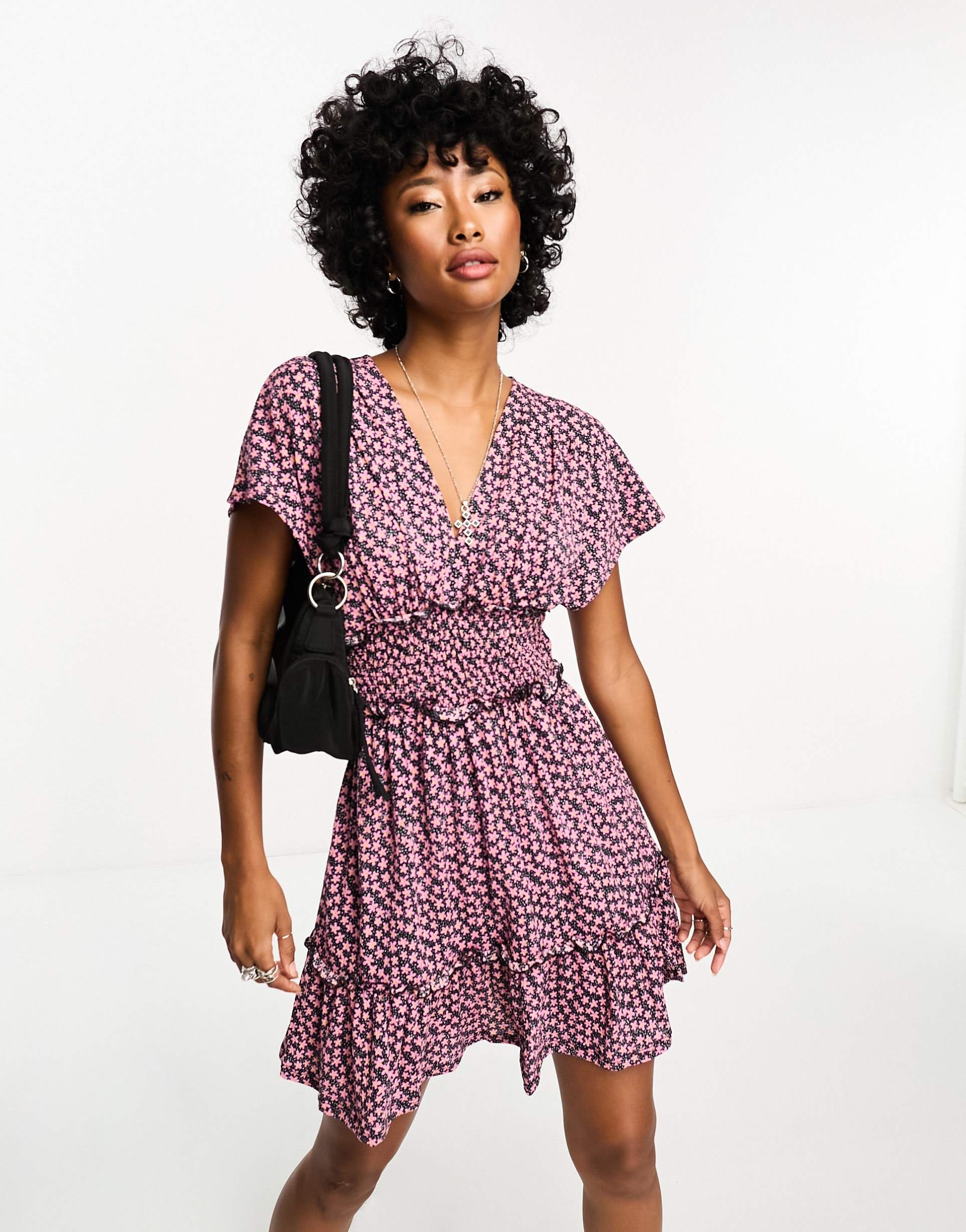 only exclusive shirred plunge neck mini dress in black and pink floral