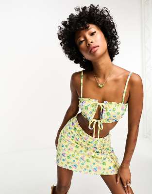 exclusive tie detail crop top in yellow ditsy floral - part of a set-White