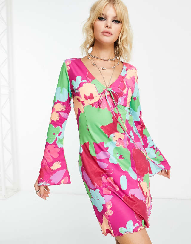 Only Exclusive V-neck mini dress with split sleeve detail in bright floral