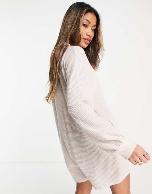 Only Exclusive waffle lounge pajama romper in neutral, 3 of 4