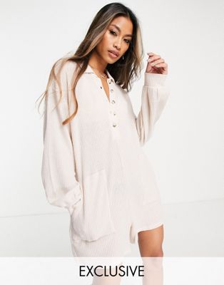 Only exclusive waffle pyjama lounge playsuit in neutral