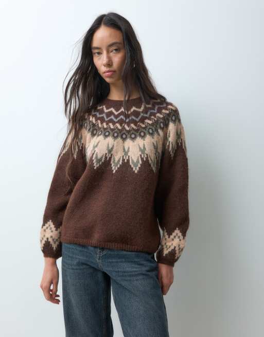 ONLY Fair Isle knitted jumper in brown, 5 of 5
