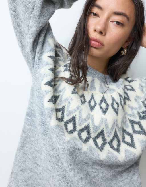 ONLY Fair Isle knitted jumper in grey, 2 of 5
