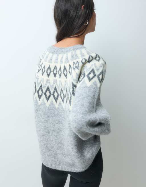 ONLY Fair Isle knitted jumper in grey, 4 of 5