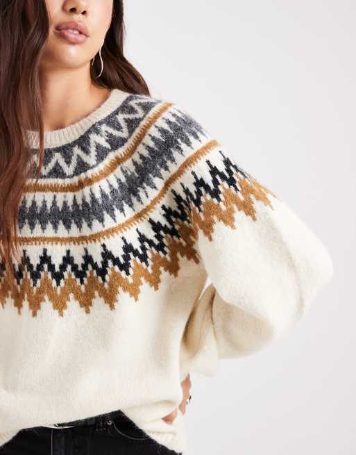 ONLY - Fair Isle trui met ballonmouwen in beige, 2 van 4
