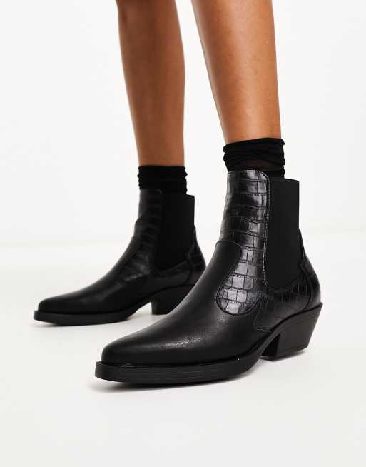 Only faux croc detail western boot in black ASOS