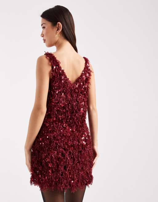 ONLY faux feather sequin mini dress in burgundy | ASOS