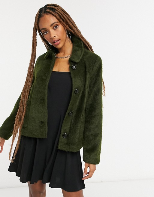 Only faux fur coat with button front in green