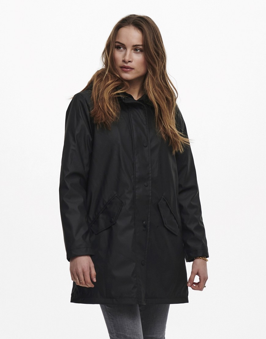 Only faux fur lined rain coat in black