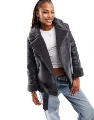 Only Faux Leather Aviator Jacket In Charcoal-gray