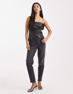 Only Faux Leather Bandeau Corset Top In Black