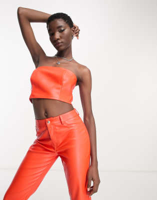 faux leather bandeau top in orange